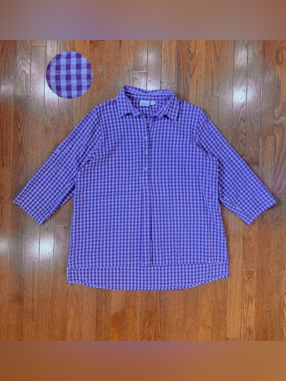 Vermont Country Store Womens Large Seersucker Popover Tunic Top Gingham Plaid